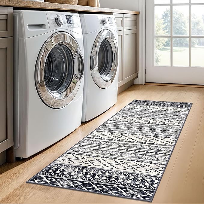 KUTA Moroccan Washable Runner Rugs 2x5, Non-Slip Vintage Black Navy Blue Boho Hallway Kitchen Rugs Ultra Soft Geometric Floor Carpet Runners for Bedroom Laundry Living Room