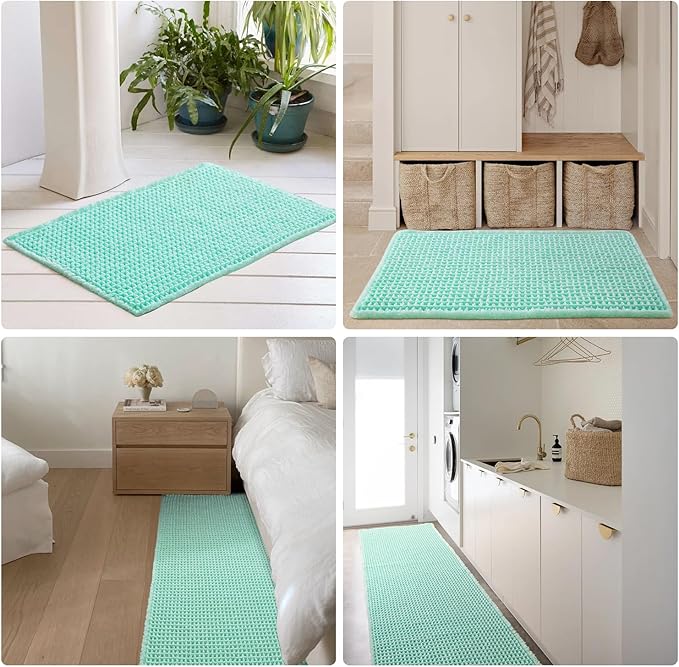 Waffle Bath Mat, Boho Bathroom Rugs Non Slip Washable Super Absorbent Quick Dry Cute Bath Mat Farmhouse Bathroom Decor, 24"x16" Aqua Blue