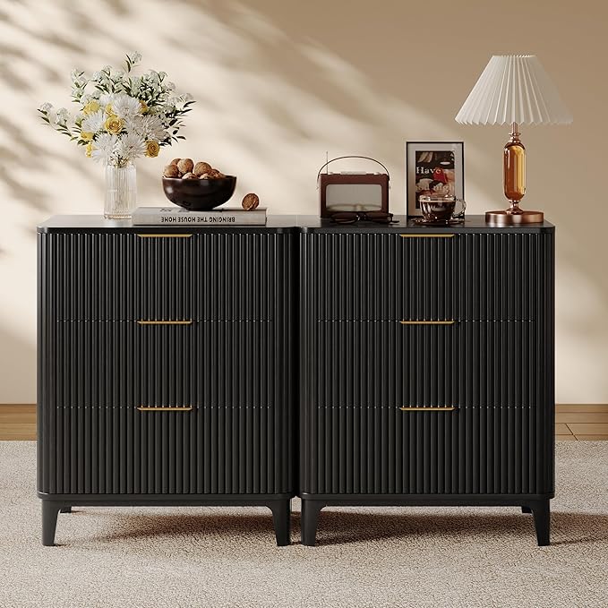 23.6" Mid Century Modern Night Stand with 3 Drawers, Large 3 Drawers Bedside Table with Quiet Drawers & Metal Handles, Fluted 3-Drawer Dresser Rustic Wood 3 Drawer Storage End Table Bedroom Black