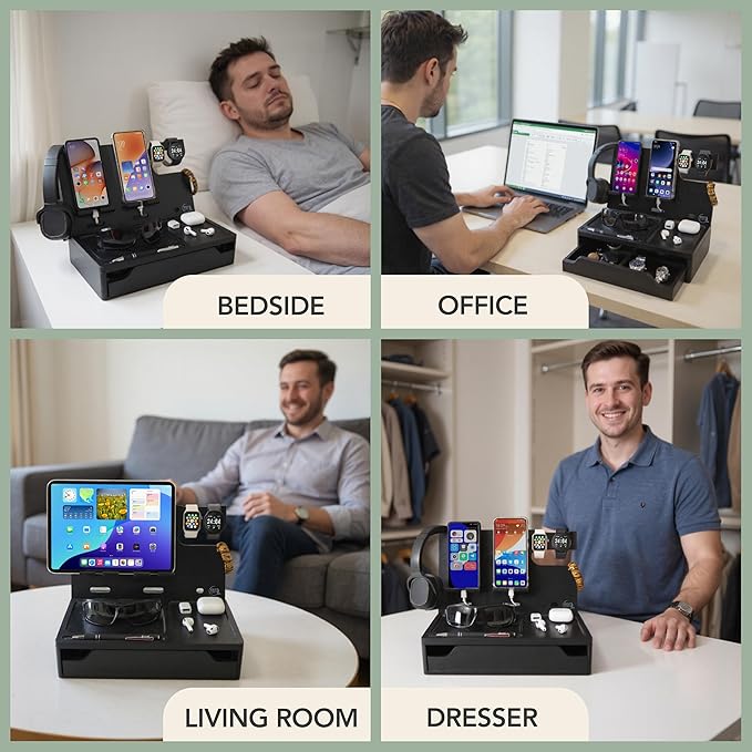 Nightstand Organizer with Drawer- Wood Phone Docking Station- Desk Organizer for Two Phones or Tablet, Watches, Headphone & Accessories- Unique Gifts for Men, Dad or Son (Black)