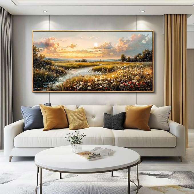 FUHAIHUA Large Wood Framed Wall Decor For Living Room Canvas Wall Art For Office Modern Wall Decorations For Bedroom Sunset Landscape Painting Farmhouse Pictures Artwork Room Home Decor 24x48 In