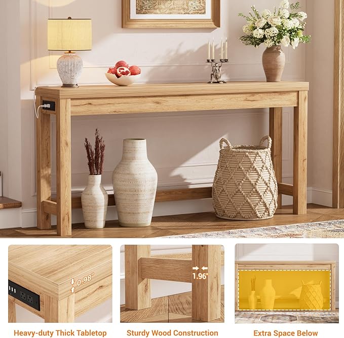 Cyclysio 63" Console Tables for Entryway, Long Console Tables for Living Room, Behind Couch Table, Sturdy Wood Support Farmhouse Entryway Table with 3AC+2USB Charging‌ Station, Natural Oak