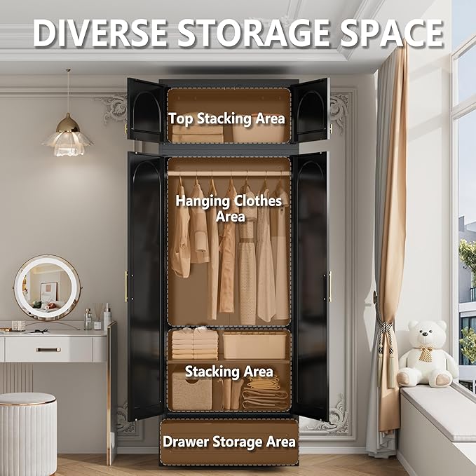 Metal Armoire Wardrobe Closet witih Drawer, Freestanding Wardrobe Cabinet with Hanging Rod, Clothing Storage Cabinet with Doors for Bedroom, 18" D x 32" W x 86" H, Black, Assemble Required