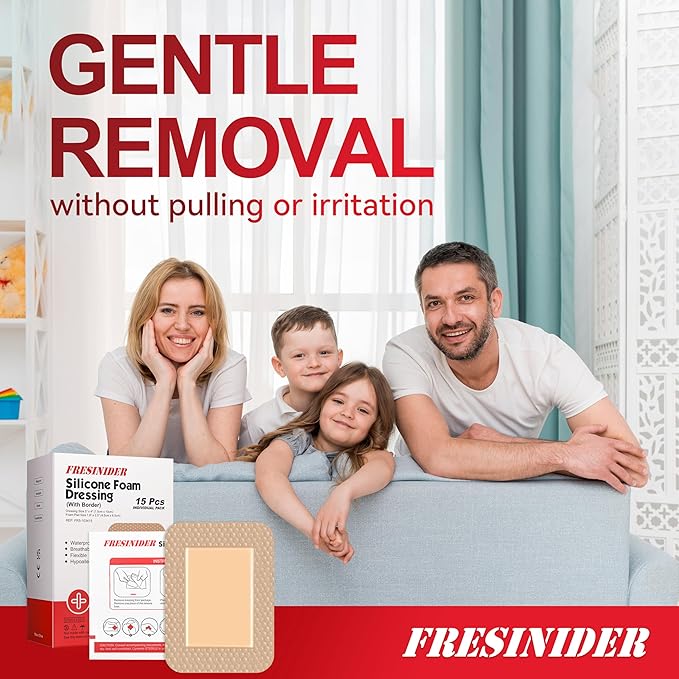 FRESINIDER Silicone Foam Dressing 3" x 4", 15 Pack – Soft Silicone Border Foam Dressing for Pressure Areas, Daily Wound Care & Post-Procedure Use – Absorbent, Breathable & Skin-Friendly