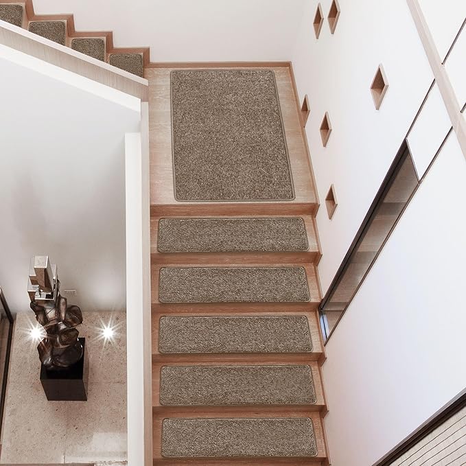 PURE ERA Carpet Stair Treads Tape Free Non Slip Indoor Stair Carpet Stair Protectors Pet-Friendly Non-Slip Skid Resistant Washable Reusable 8" x 30"(14 Pieces,Camel Brown)