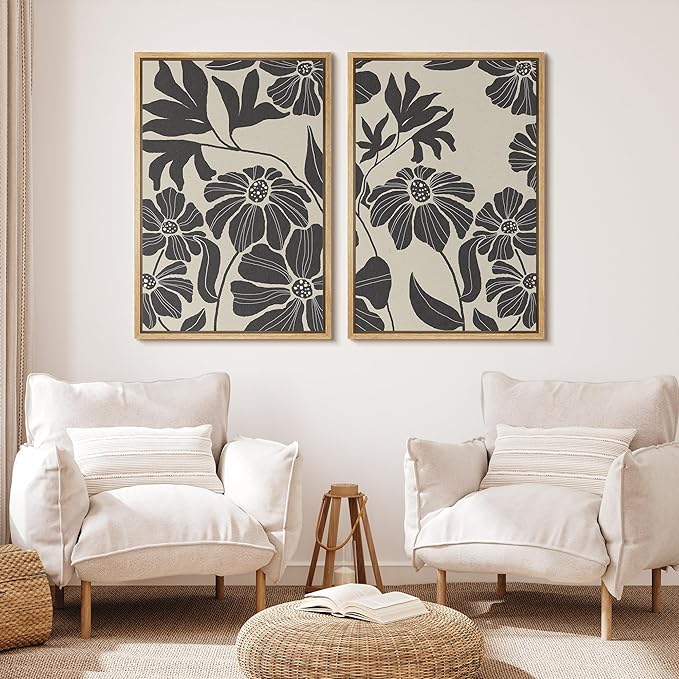 MUDECOR Framed Canvas Print Wall Art Monochrome Floral Botanical Black and White Illustrations Modern Art Decorative Bohemian Colorful Chic for Living Room, Bedroom, Office - 24"x36"x2 Natural