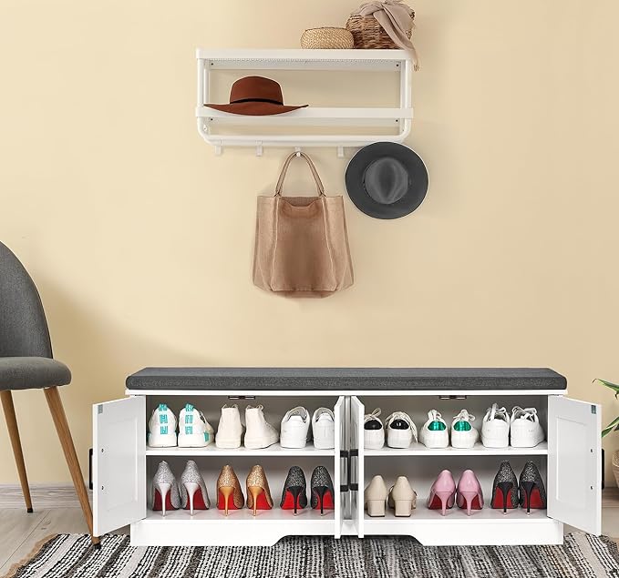 2-Tier Storage Bench, 47.2" Wide Shoe Bench with Padded Seat Cushion, Entryway Bench with 4 Barn Doors and Adjustable Shelf, White