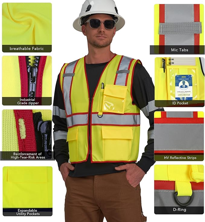 AYKRM High Visibility Safety Vest - Reflective Work Vest with 5 Reinforced Pockets
