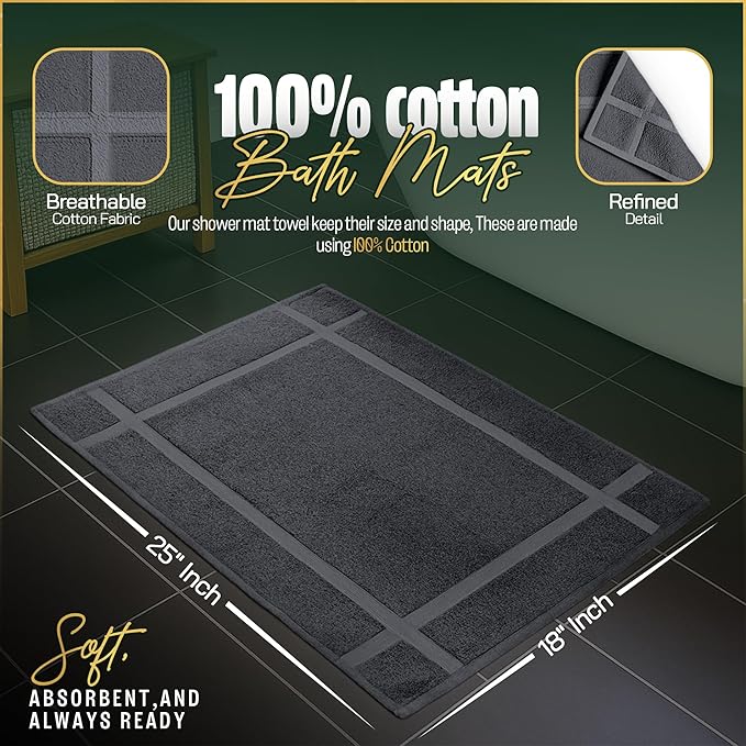 Pearl Linens 100% Ring Spun Cotton Bath Mat (Pack of 2) 18 x 25 Inch, Washable, Soft & Absorbent Terry Bathroom Floor Mat – Not Bathroom Rugs – Quick-Dry After Shower Bath Mat, 687 GSM, Dark Grey