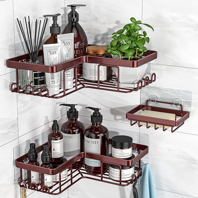 YASONIC Corner Shower Caddy, 3-Pack Adhesive Shower Caddy with Soap Holder and 12 Hooks, Rustproof Stainless Steel, No Drilling Wall Mounted Rack Organizer, for Bathroom, Bronze