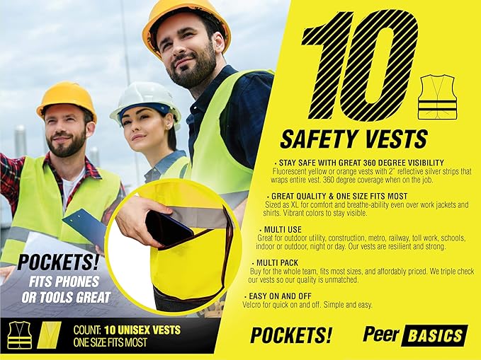 PeerBasics Pocket Safety Vest Bulk Pack Reflective High Visibility Men Women