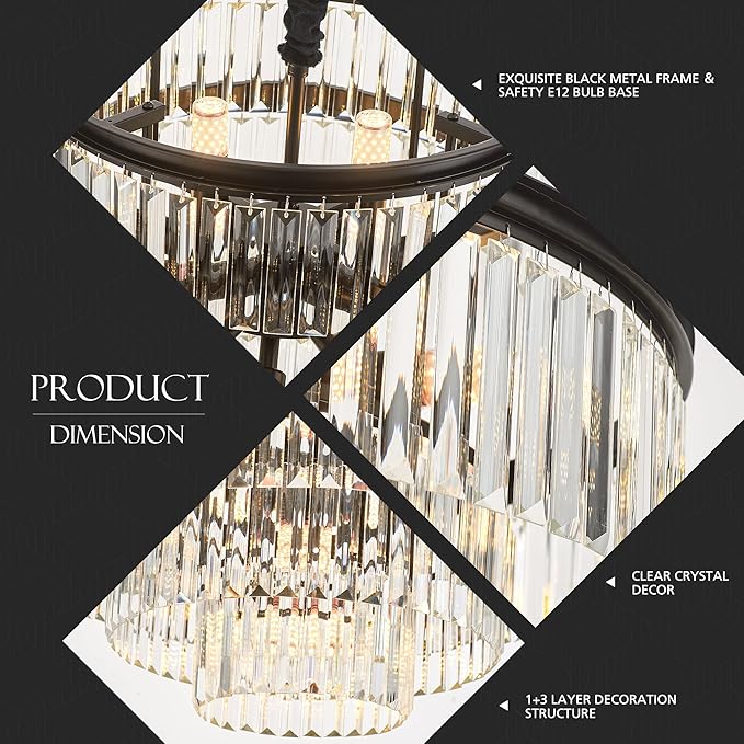 21.6" 14-Light Modern Crystal Chandelier Light Fixtures 4-Tier Black Luxury Chandeliers for Dining Room Round Hanging Pendant Lighting for Living Room Kitchen Entryway Bedroom Foyer Hallway