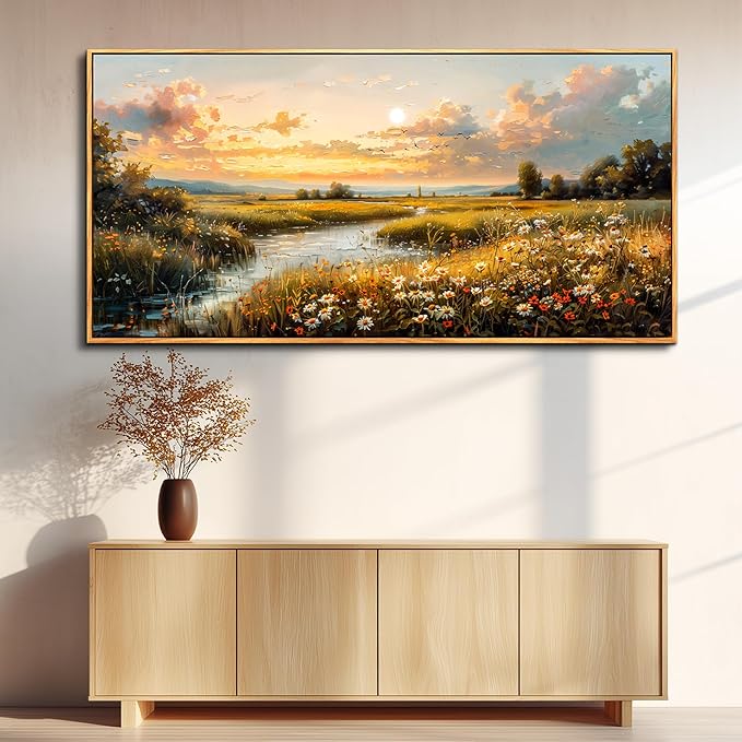 FUHAIHUA Wood Framed Canvas Wall Art For Living Room Large Wall Decor For Office Bedroom Decorations Sunset Landscape Pictures Farmhouse Painting Artwork Room Wall Mural Aesthetic Home Decor 30x60 In