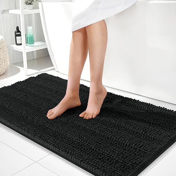 OLANLY Thick Bathroom Rugs 44x24, Extra Soft Absorbent Chenille Striped Bath Rugs, Rubber Backing, Machine Wash Dry, Bath Mats for Bathroom Floor, Tub and Shower, Home Decor Accessories, Black