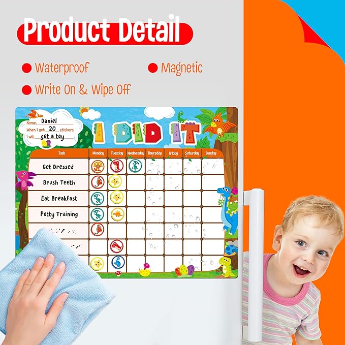 Magnetic Reward Chart, Dry Erase Task Board-One Chart & 72 Magnetic Reward Magnets, Dinosaur Theme Behavior Tracker for Daily Routine, Potty Training