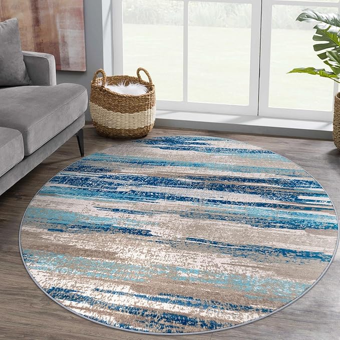 Modern Abstract Round Rug 5Ft, Blue Round Rug Washable Non-Slip Soft Small Circle Rug, Circular Dining Room Rugs Thin Print Faux Wool Carpet for Bedroom Living Room Office Playroom