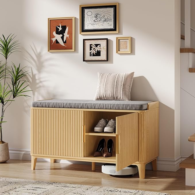 39.4" Fluted Shoe Cabinet Storage with Bench, 2-Tier Entryway Bench with Adjustable Shelves and Detachable Cushioned Seat, Shoe Organizer Bench Cabinet for Entryway, Living Room, Hallway Natural
