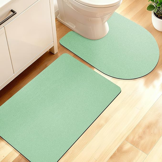 Ultra Thin Bath Mat, Upgrade Backing Non Slip Thin Bath Mats Fit Under Door, Quick Dry Ultra Absorbent Bathroom Rugs, Machine Washable Bath Rugs for Bathroom, Bathtub, Sage Green/Solid/2 Piece