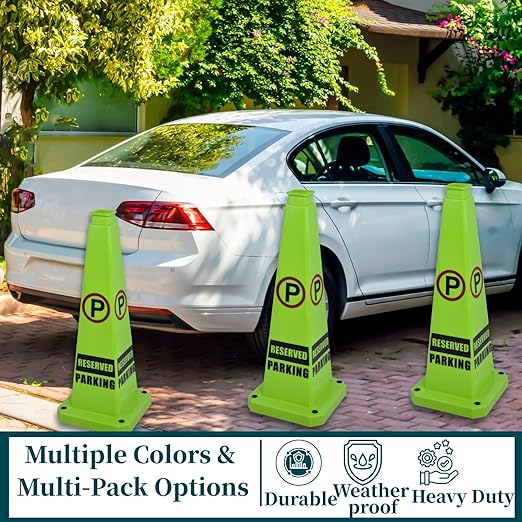 BESEA Reserved Parking Cone 3 Pack, 28" No Parking Sign Cone with Weighted Base, Green 4-Sided “ Reserved Parking” Warning Cone for Driveways Business Parking Lots Garages Indoor/Outdoor