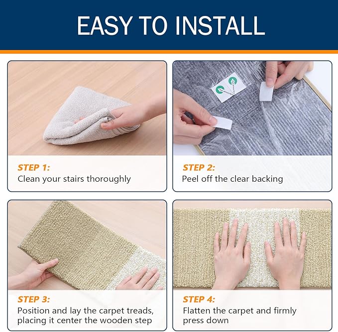 OLANLY Stair Treads Non Slip 15PCS, 8" x 30" Indoor Stair Runners for Wooden Steps, Edging Stair Rugs with Reusable Peel and Stick Adhesive for Kids Elders and Pets, Beige