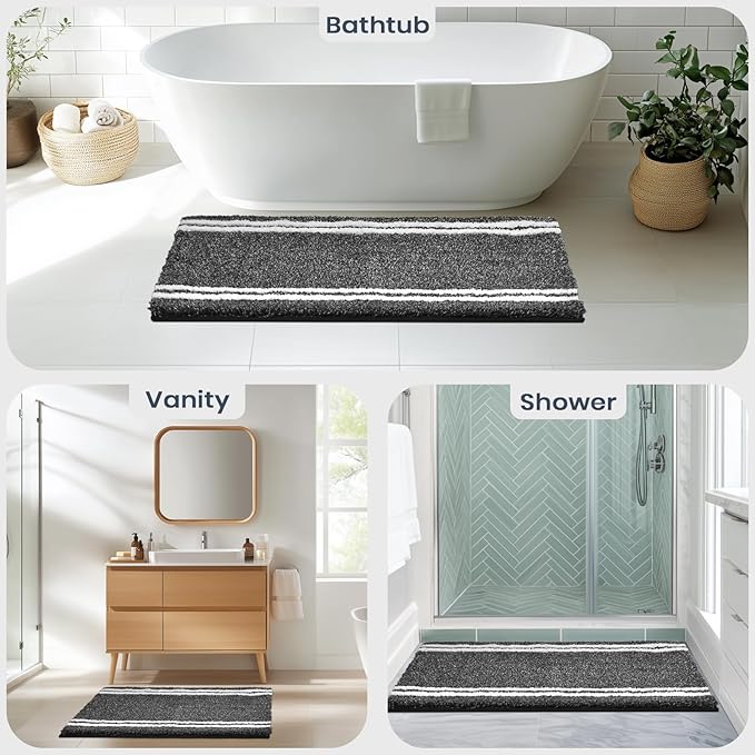 PURRUGS Bathroom Rug Non-Slip Machine Washable 30" x 60", Super Absorbent and Quick Dry Shaggy Microfiber Bath Mat, Extra Soft and Plush Bath Rug for Bathtub, Shower and Sink, Charcoal