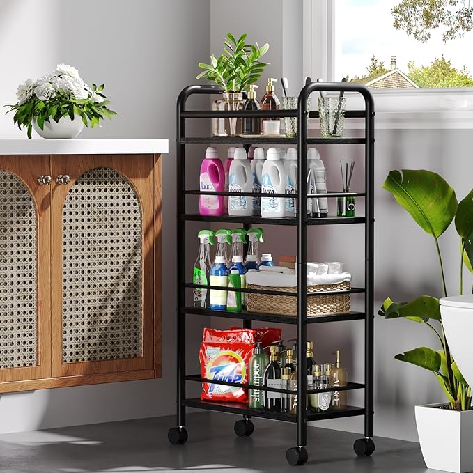 Slim Rolling Cart, 4-Tier Narrow Storage Cart with Handle, 9.1 Inches Deep, Bathroom Shelf for Small Spaces, Kitchen, Dining Room, Living Room, Laundry Room, Black