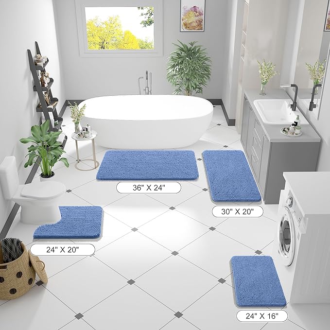 OLANLY Bathroom Rugs 44x24, Extra Soft Absorbent Chenille Bath Rugs, Rubber Backing Quick Dry, Machine Washable Bath Mats for Bathroom Floor, Tub and Shower, Home Decor Accessories, Cornflower Blue