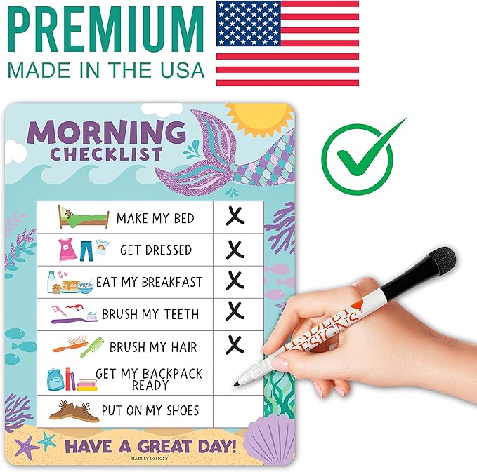 Magnetic Morning & Bedtime Routine Chart for Kids - Customizable Toddler Daily Schedule Board with Dry Erase Surface, Stickers & Marker, Build Habits with Visual Checklists, Mermaid Theme