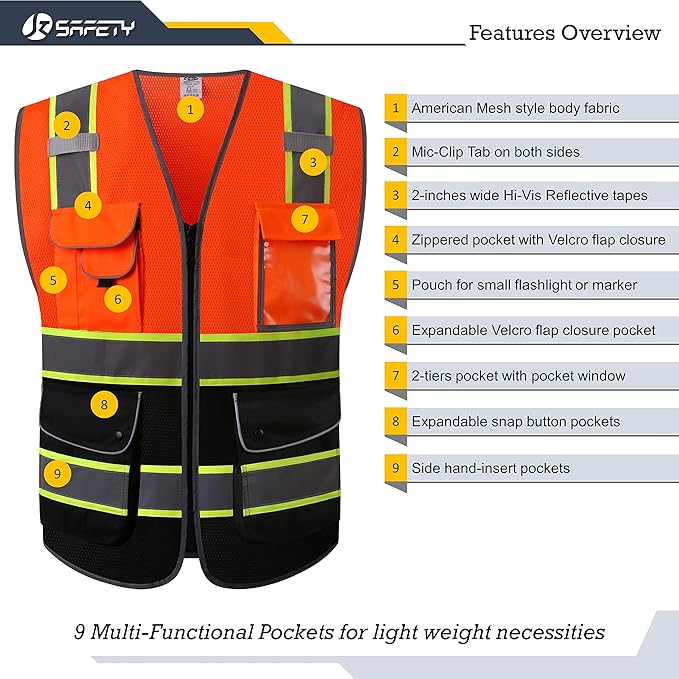 JKSafety 9 Pockets Hi-Vis Fluorescent Color Mesh Reflective Safety Vest for Men Women | Chaleco de seguridad para hombres y mujeres (100-Orange-Black 4XL)