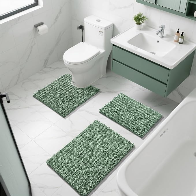 Yimobra Bathroom Rugs Sets 2 Piece - Quick Dry Extra Thick Luxury Chenille Bath Mat, Non Slip Super Absorbent for Tub Shower Sink, Machine Washable Shaggy Floor Mat, 32"x20"+24"x20" Inch, Green