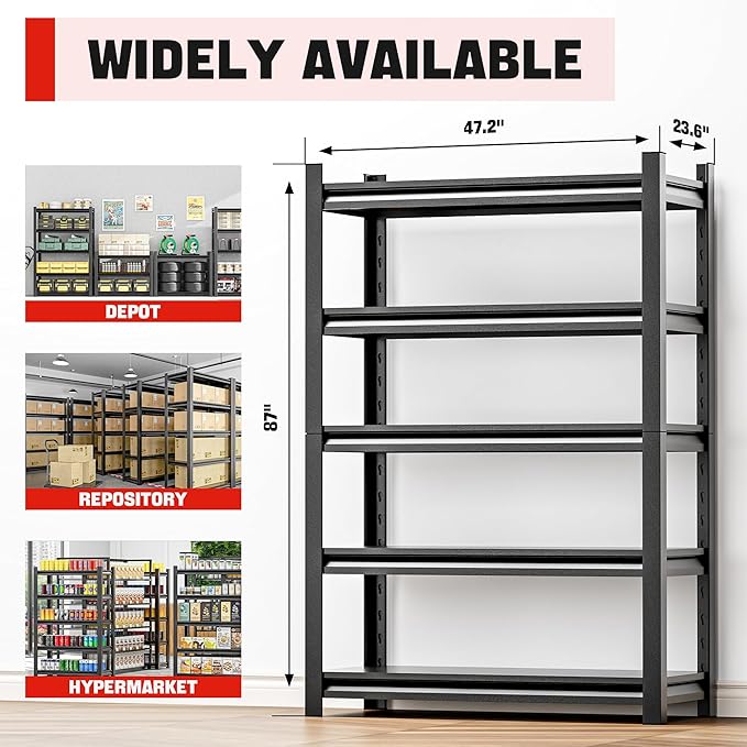 Heavy Duty Metal Garage Shelving Unit, 5 Tier Storage Shelf, Utility, and Industrial Use - Sturdy Storage Shelf Organizer, Metal Shelving for Garage Storage 24" D x48 W x87 H（5 pcs）