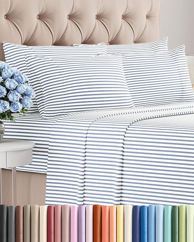 Full 6 Piece Sheet Set - Cooling & Breathable Bed Sheets - Hotel Luxury Bed Sheets for Women, Men, Kids & Teens - Bedding w/Deep Pockets & Easy Fit - Soft & Wrinkle Free - Full Blue Stripes Sheets