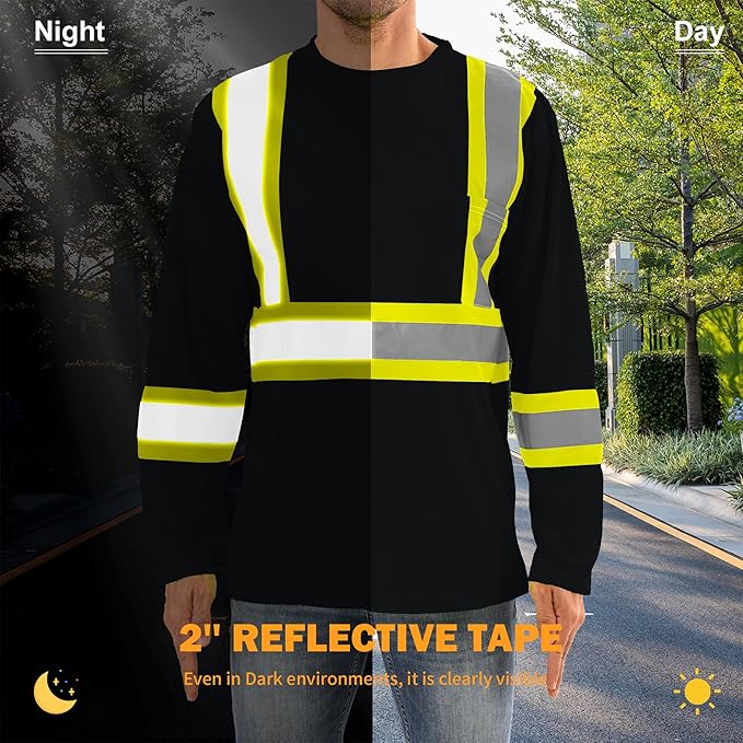 Hi Vis Safety Long Sleeve Shirts，High Visibility Class 3 T Shirts with Reflective Strips and Pocket, Quick Dry Mesh Construction Work Shirt for Men/Women (Black,L)