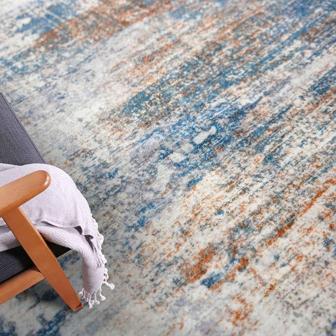 IOHOUZE Abstract Runner Rug 3x14 Ft Long Washable Runners for Hallways, Non Slip Kitchen Runner Printed Faux Wool Entryway Runner Indoor, Modern Abstract Floor Carpet for Hall Stair, Blue Rust