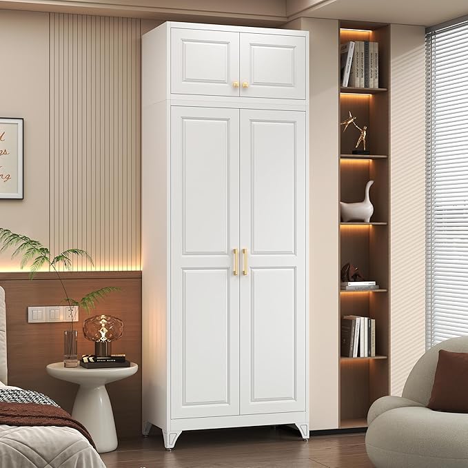 Metal Armoire Closet, 86 Inch Tall Wardrobe Armoire with Hanging Rod, Almirah for Clothes with Doors, 18" D x 32" W x 86" H, White, Assemble Required, Shipped in Two Packages