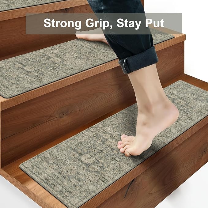 OJIA Stair Treads Non Slip Stair Runners for Wooden Steps, 8"x30" Rubber Backing Stair Mats Carpet Stair Tread Covers Staircase Step Treads for Dogs, Kids & Elders, Brown, 15PCS