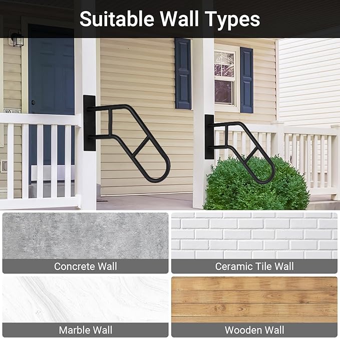 Aduanbang Hand Rails for Outdoor Steps & Elderly,U-Shape Wall Mount Stair Railing, Porch, Deck, Garage & Garden Grab Bar, 1 Pack Safety Handle