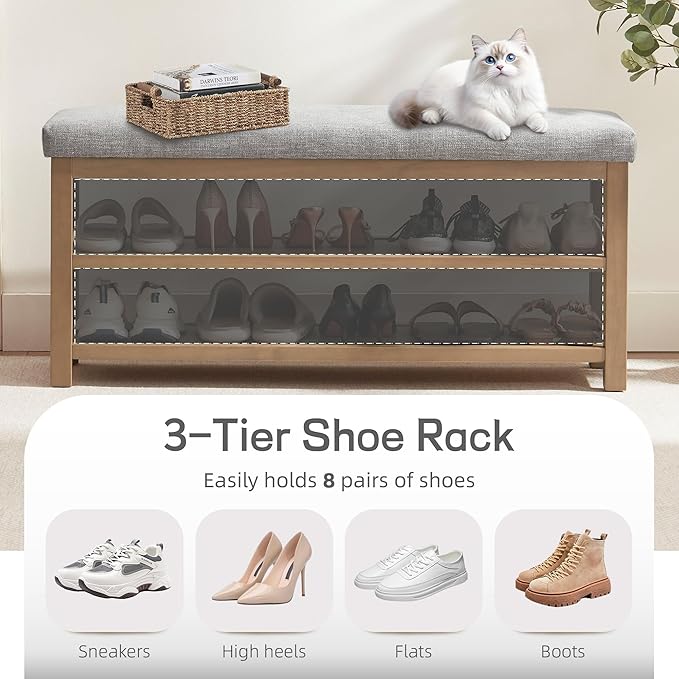 2 Tier Shoe Rack Bench with Cushion, Solid Wood Shoe Benches, Mid-Century Modern Shoe Storage Bench for Entryway, Hallway, Living Room, Closet, Front Door Entrance, (Grey, 39.4")