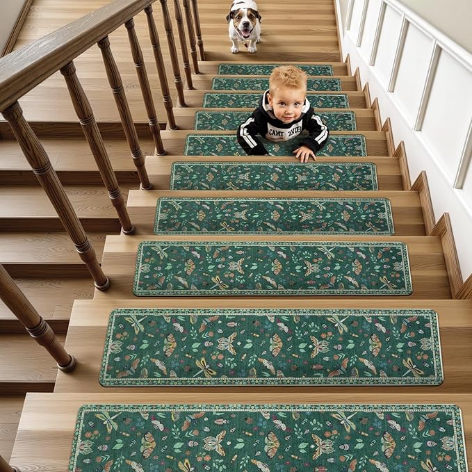 OJIA Insect Print Stair Treads Non Slip 15PCS, 8"x30" Stair Runner for Wooden Steps Indoor, Rubber Stair Mats Residue-Free Staircase Step Treads for Kids, Elders, Pets, Dark Green