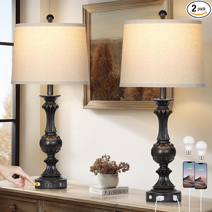 28" Black Farmhouse Table Lamps Set of 2, Rustic Lamps for Living Room with USB C+A Ports & AC Outlet, 3 Way Touch Control Bedroom Lamp, Retro Tall Bedside Lamp for Nightstand Side Table