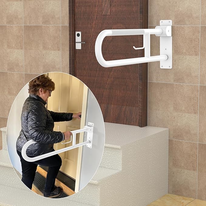 Toilet Grab Bar 30.3 Inch, YuanDe White Anti-Slip Support Rail, U Shaped Flip-Up Grab Bar with Paper Holder, Stainless Steel Knurled Handicap Safety Handrails for Disabled Elderly Pregnant