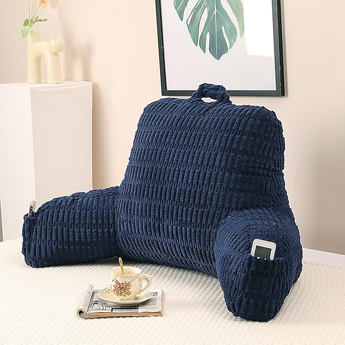 Reading Pillow for Sitting in Bed, Large Backrest Reading Pillow with Arm Rest,Back-Rest Support Cushion for Sit Up on Couch, Sofa, and Floor, Dorm Essentials (Dark Blue Corduroy, Standard(17"))