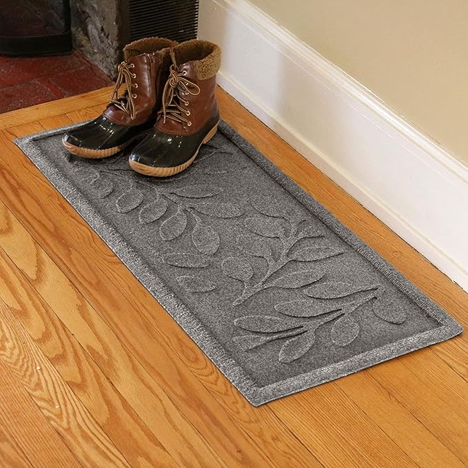 Waterhog Indoor/Outdoor Boot Tray Mat – Heavy-Duty Entrance Mat with Water Dam Technology for Mudrooms, Entryways, Patios, and Garages, Made in USA, Brittney Leaf Pattern, Medium Grey, 15 x 36 Inches