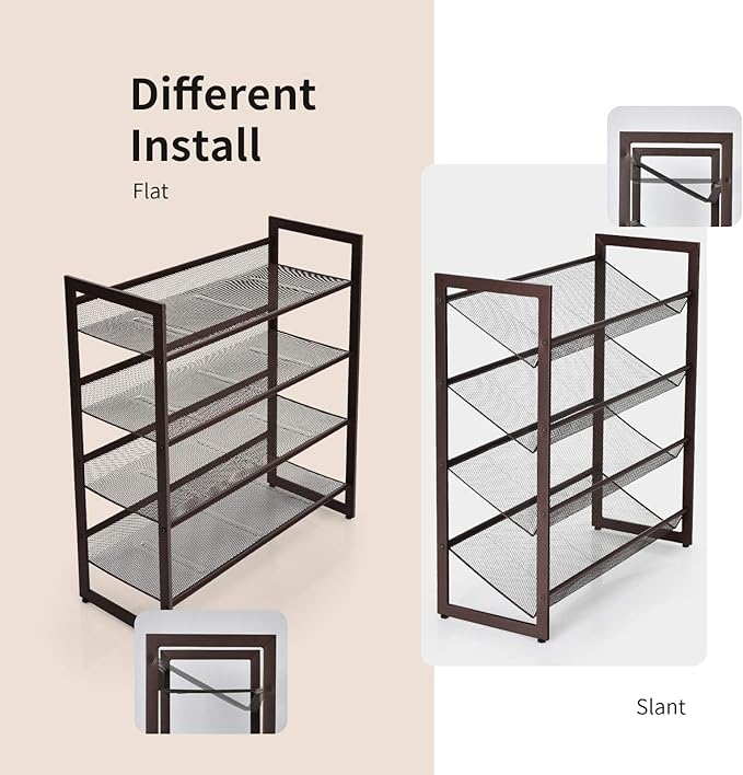Giantex 4-Tier Metal Shoe Rack, Shoe Storage Organizer with Adjustable Angled or Flat Mesh Shelf for 12 to 16 Pairs of Shoes, Freestanding Shoe Shelf for Bedroom, Entryway, Closet, Hallway