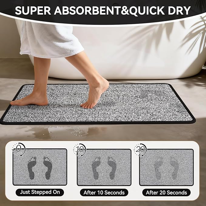 24"x35" Absorbent Quick Dry Bath Mats, Non-Slip Rubber Backing Bathroom Rug, Washable Bath Rugs for Bathroom Floor, Sink and Outside Shower, Low Pile Rug Fit Under Door, Minimalism, Black