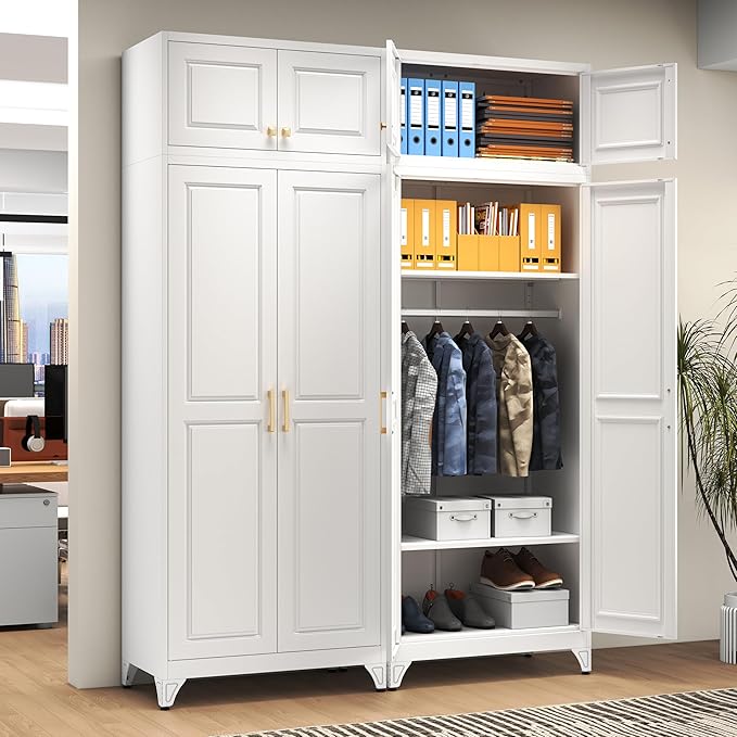 Metal Armoire Closet, 86 Inch Tall Wardrobe Armoire with Hanging Rod, Almirah for Clothes with Doors, 18" D x 32" W x 86" H, White, Assemble Required, Shipped in Two Packages