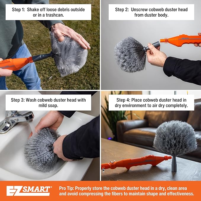 Powered Cobweb & Ceiling Fan Duster with 16ft Rigid Extension Pole – Adjustable Arm, Removable Washable Head, Interior & Exterior Use – Handheld or Pole-Mounted Cleaning Tool