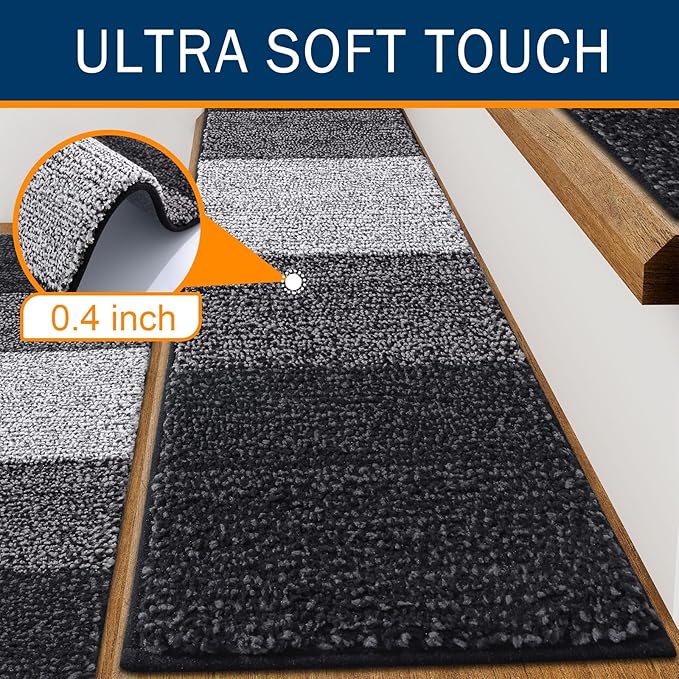 OLANLY Stair Treads Non Slip 4PCS, 8" x 30" Indoor Stair Runners for Wooden Steps, Edging Stair Rugs with Reusable Peel and Stick Adhesive for Kids Elders and Pets, Black