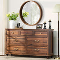 Farmhouse 54" 7 Drawers Dresser for Bedroom, Vintage Wood Chest of Drawers w/ 4 Wooden Legs, Wide Closet Storage Dressers Organizer for Hallway, Rustic Large TV Stand for Living Room, Brown
