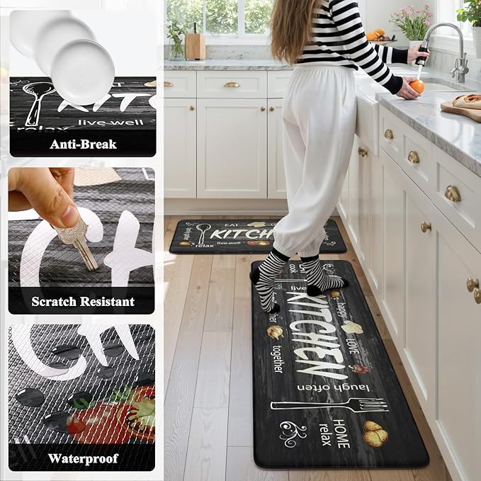 KIMODE Kitchen Mats,Grey Anti Fatigue Kitchen Rugs Sets of 2,Non Slip Waterproof Farmhouse Kitchen Floor Mats,Cushioned Comfort Standing Mat for Home,Laundry, Sink,Desk